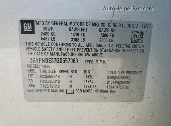 3GYFNBE37GS557060 2016 CADILLAC SRX Silver VIN sticker view