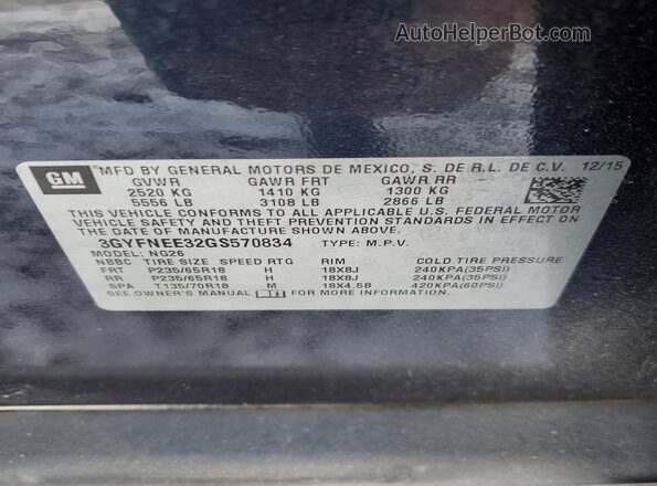 3GYFNEE32GS570834 2016 CADILLAC SRX Blue VIN կոդի պիտակի տեսք