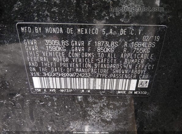 3HGGK5H8XKM724232 2019 HONDA FIT Black ძრავის განყოფილების ხედი