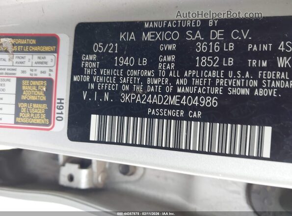 3KPA24AD2ME404986 2021 KIA RIO Серебряный Вид подкапотного пространства