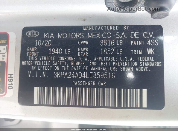 3KPA24AD4LE359516 2020 KIA RIO Silver Widok komory silnika