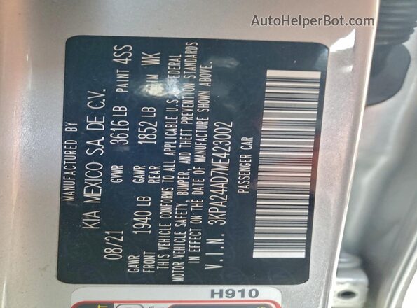 3KPA24AD7ME423002 2021 KIA RIO Silver Вид підкапотного простору