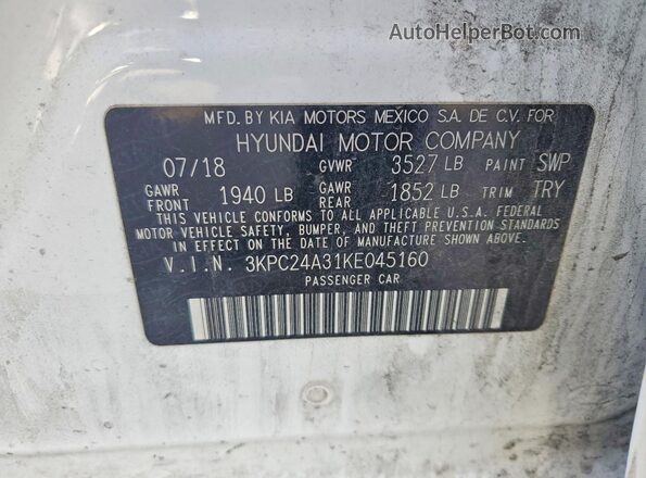 3KPC24A31KE045160 2019 HYUNDAI ACCENT White Widok komory silnika