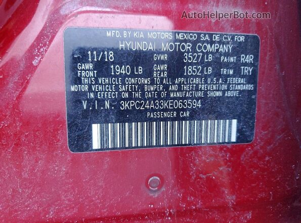 3KPC24A33KE063594 2019 HYUNDAI ACCENT Red ძრავის განყოფილების ხედი