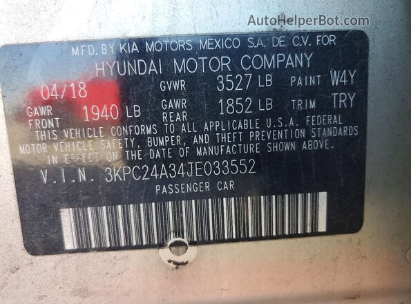 3KPC24A34JE033552 2018 HYUNDAI ACCENT Silver VIN կոդի պիտակի տեսք