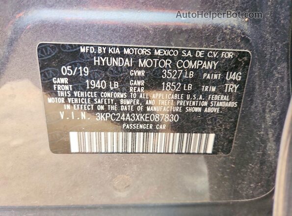 3KPC24A3XKE087830 2019 HYUNDAI ACCENT Charcoal VIN sticker view