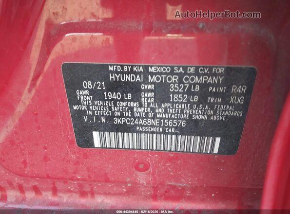 3KPC24A68NE156576 2022 HYUNDAI ACCENT Красный Вид подкапотного пространства