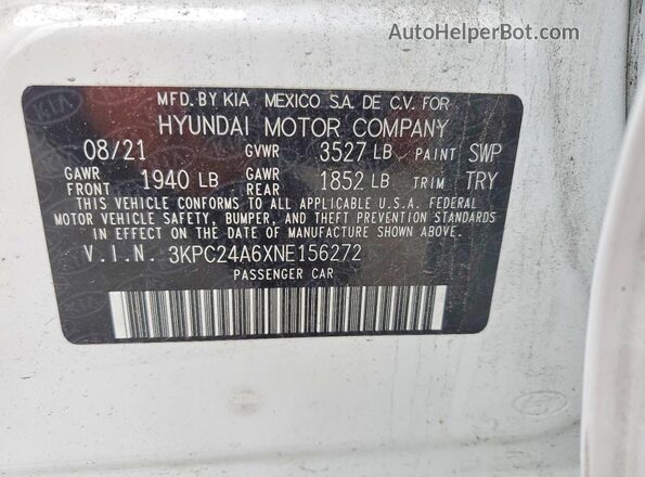3KPC24A6XNE156272 2022 HYUNDAI ACCENT Белый Вид подкапотного пространства