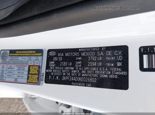 3KPF24AD0KE026802 2019 KIA FORTE Белый Вид подкапотного пространства