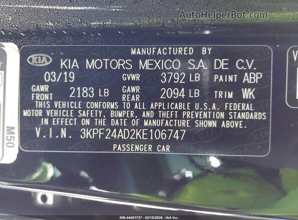 3KPF24AD2KE106747 2019 KIA FORTE Черный Вид подкапотного пространства
