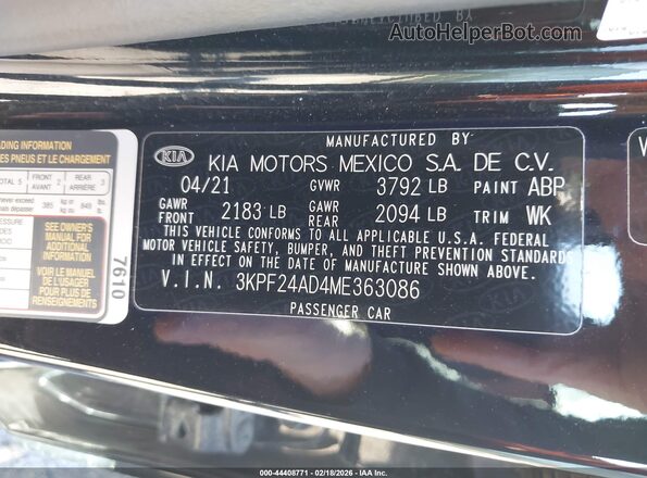 3KPF24AD4ME363086 2021 KIA FORTE Black ძრავის განყოფილების ხედი