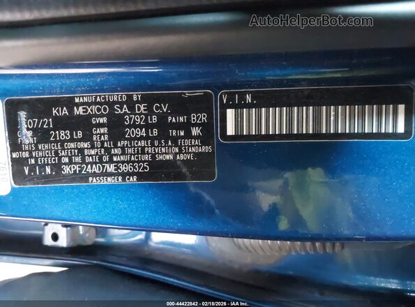 3KPF24AD7ME396325 2021 KIA FORTE Синий Вид подкапотного пространства