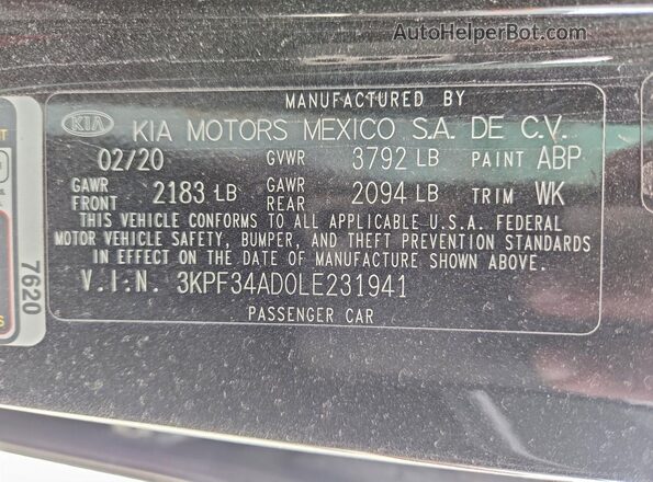 3KPF34AD0LE231941 2020 KIA FORTE Черный Вид подкапотного пространства