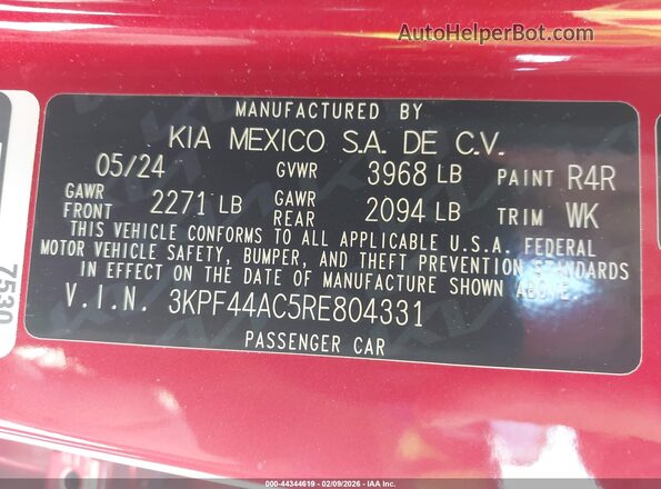 3KPF44AC5RE804331 2024 KIA FORTE Red ძრავის განყოფილების ხედი