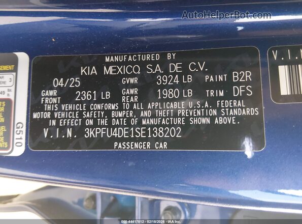 3KPFU4DE1SE138202 2025 KIA K4 Синий Вид подкапотного пространства