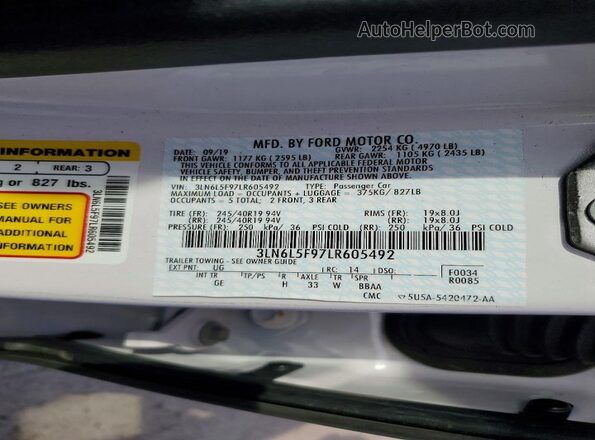 3LN6L5F97LR605492 2020 LINCOLN MKZ White Widok komory silnika