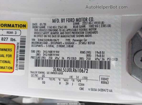 3LN6L5LU0LR610672 2020 LINCOLN MKZ Белый Вид подкапотного пространства