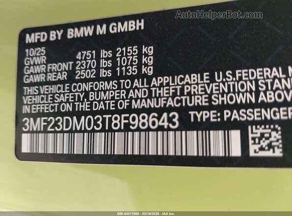 3MF23DM03T8F98643 2026 BMW M2 Green ძრავის განყოფილების ხედი