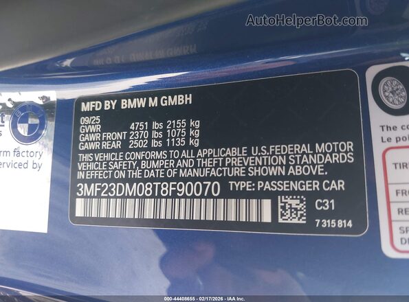3MF23DM08T8F90070 2026 BMW M2 Blue Vista del compartimento del motor