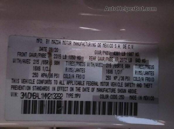 3MVDMBAL1MM213292 2021 MAZDA CX-30 White VIN sticker view
