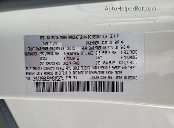 3MVDMBBL5MM319274 2021 MAZDA CX-30 White VIN კოდის სტიკერის ხედი
