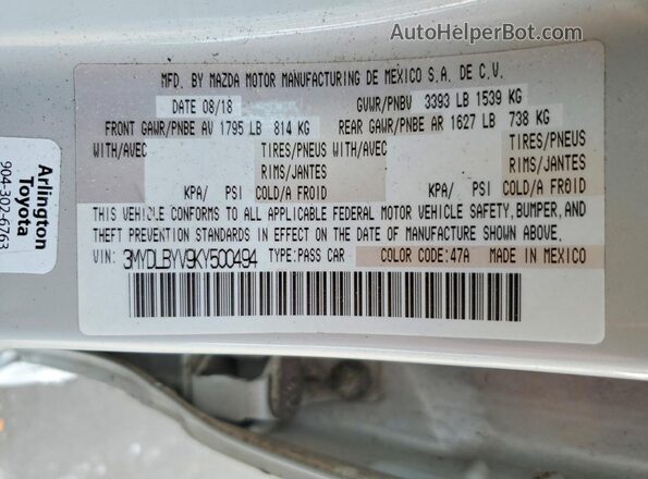 3MYDLBYV9KY500494 2019 TOYOTA YARIS Silver Vista del compartimento del motor