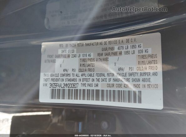 3MZBPAAL2MM200607 2021 MAZDA 3 Blue Շարժիչի բաժամունքի տեսք