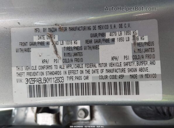 3MZBPABL6KM112803 2019 MAZDA 3 Silver ძრავის განყოფილების ხედი