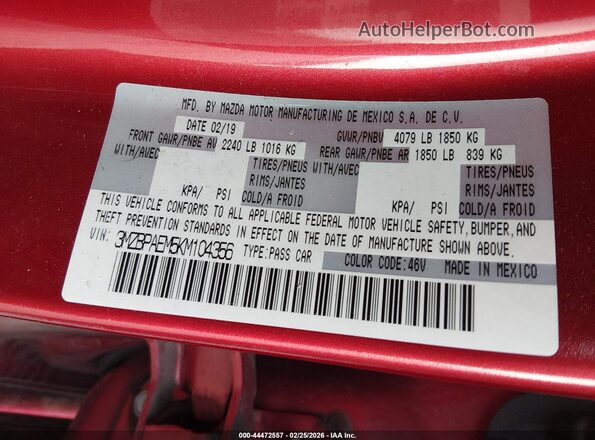3MZBPAEM5KM104356 2019 MAZDA 3 Red ძრავის განყოფილების ხედი