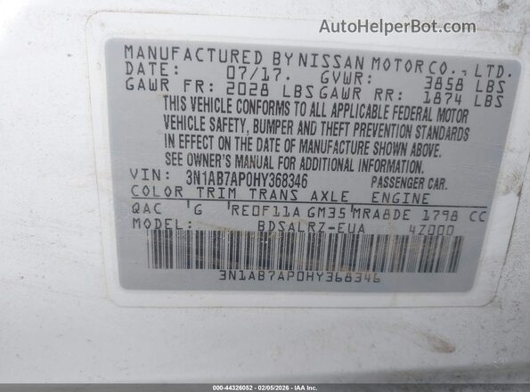 3N1AB7AP0HY368346 2017 NISSAN SENTRA White Widok komory silnika