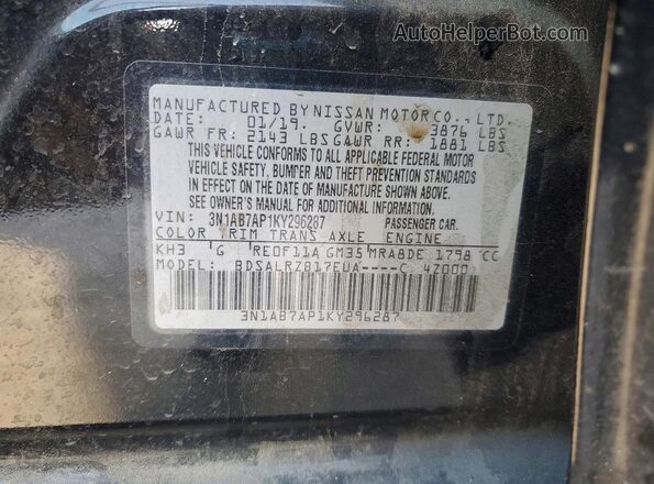 3N1AB7AP1KY296287 2019 NISSAN SENTRA Черный Вид наклейки с VIN-кодом