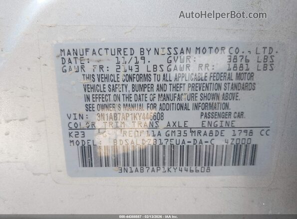 3N1AB7AP1KY446608 2019 NISSAN SENTRA Silver Vista del compartimento del motor