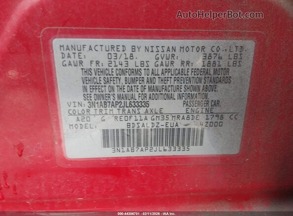 3N1AB7AP2JL633335 2018 NISSAN SENTRA Red Вид підкапотного простору