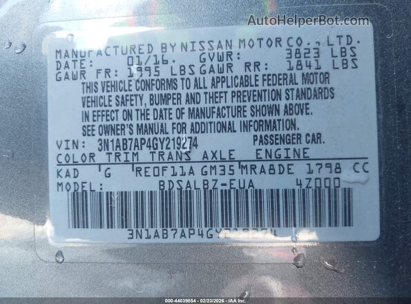 3N1AB7AP4GY219274 2016 NISSAN SENTRA Gray Widok komory silnika