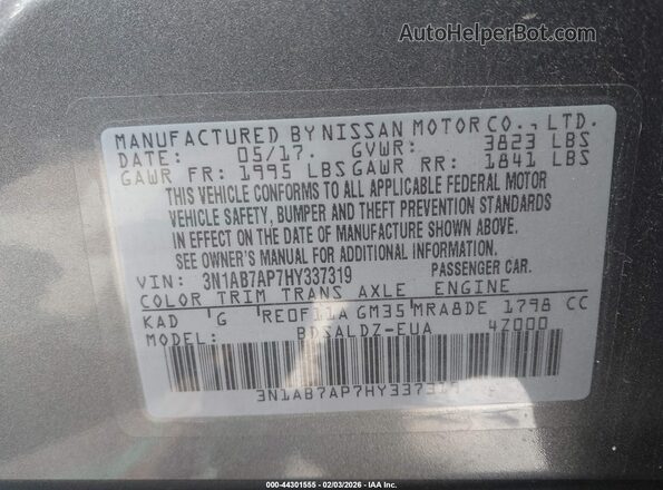 3N1AB7AP7HY337319 2017 NISSAN SENTRA Серый Вид подкапотного пространства