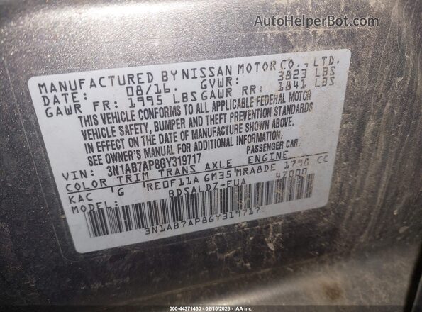 3N1AB7AP8GY319717 2016 NISSAN SENTRA Gray Engine compartment view