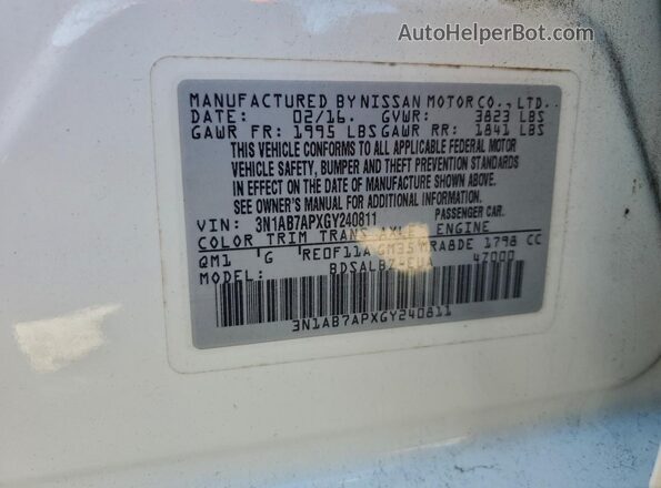 3N1AB7APXGY240811 2016 NISSAN SENTRA White VIN կոդի պիտակի տեսք