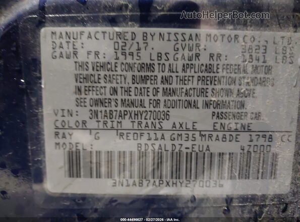 3N1AB7APXHY270036 2017 NISSAN SENTRA Blue Widok komory silnika