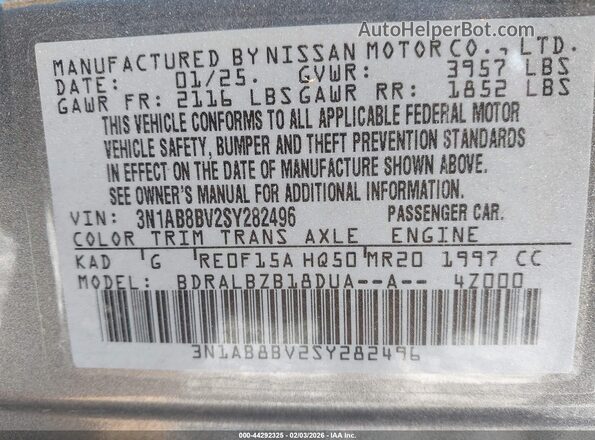 3N1AB8BV2SY282496 2025 NISSAN SENTRA Серый Вид подкапотного пространства