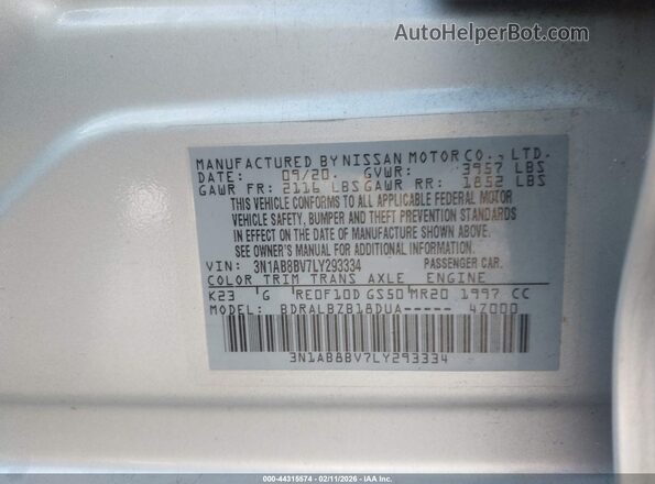3N1AB8BV7LY293334 2020 NISSAN SENTRA Серебряный Вид подкапотного пространства