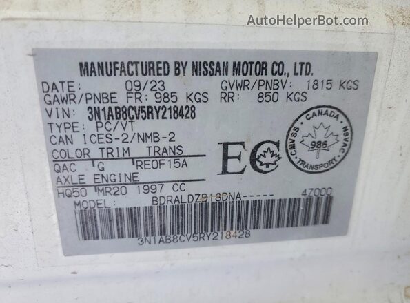 3N1AB8CV5RY218428 2024 NISSAN SENTRA Белый Вид наклейки с VIN-кодом