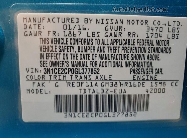 3N1CE2CP0GL377852 2016 NISSAN VERSA Blue Vista de la etiqueta del VIN