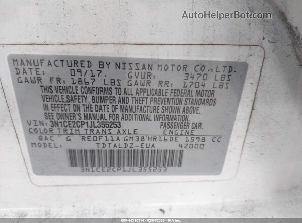 3N1CE2CP1JL355253 2018 NISSAN VERSA NOTE Белый Вид подкапотного пространства
