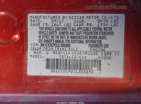 3N1CE2CP2JL355892 2018 NISSAN VERSA NOTE Красный Вид подкапотного пространства