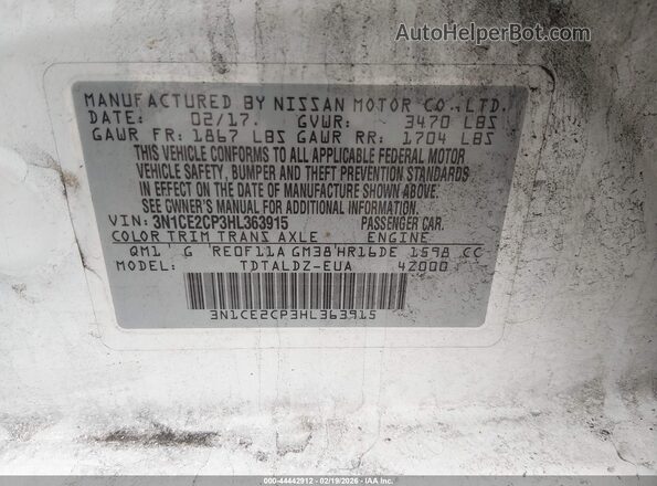 3N1CE2CP3HL363915 2017 NISSAN VERSA NOTE Белый Вид подкапотного пространства