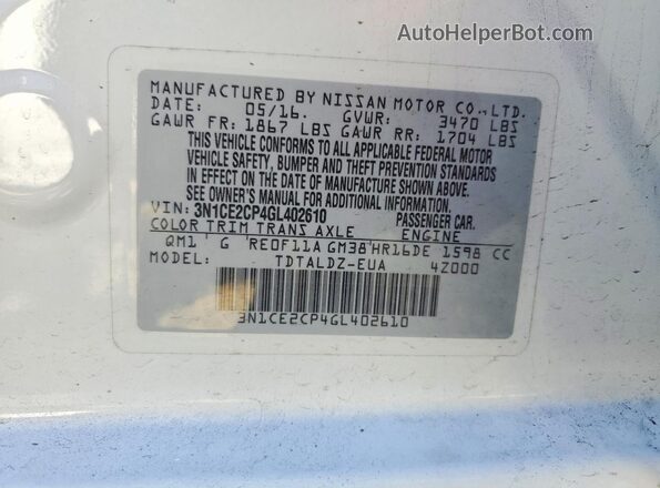 3N1CE2CP4GL402610 2016 NISSAN VERSA White Widok komory silnika