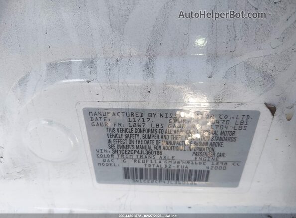 3N1CE2CP4JL360186 2018 NISSAN VERSA NOTE Белый Вид подкапотного пространства