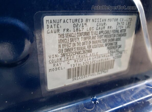 3N1CE2CP4KL362960 2019 NISSAN VERSA Blue ძრავის განყოფილების ხედი