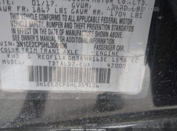3N1CE2CP5HL359106 2017 NISSAN VERSA NOTE Черный Вид подкапотного пространства