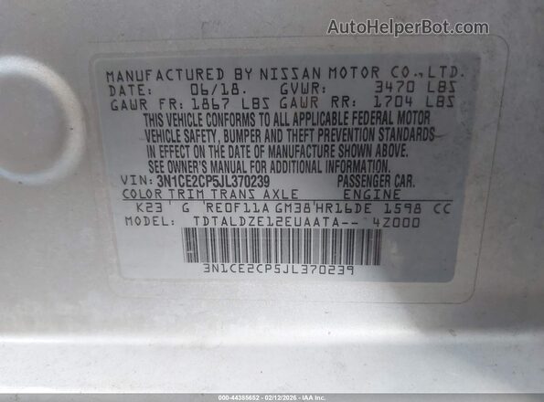 3N1CE2CP5JL370239 2018 NISSAN VERSA NOTE Gray Widok komory silnika